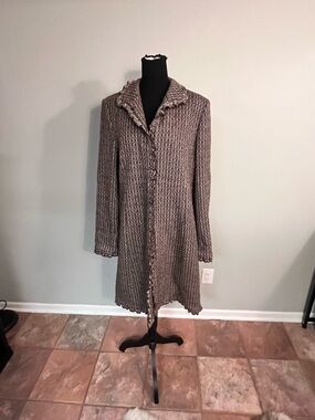 Dkny Tweed Knit Long Coat in Brown and Cream